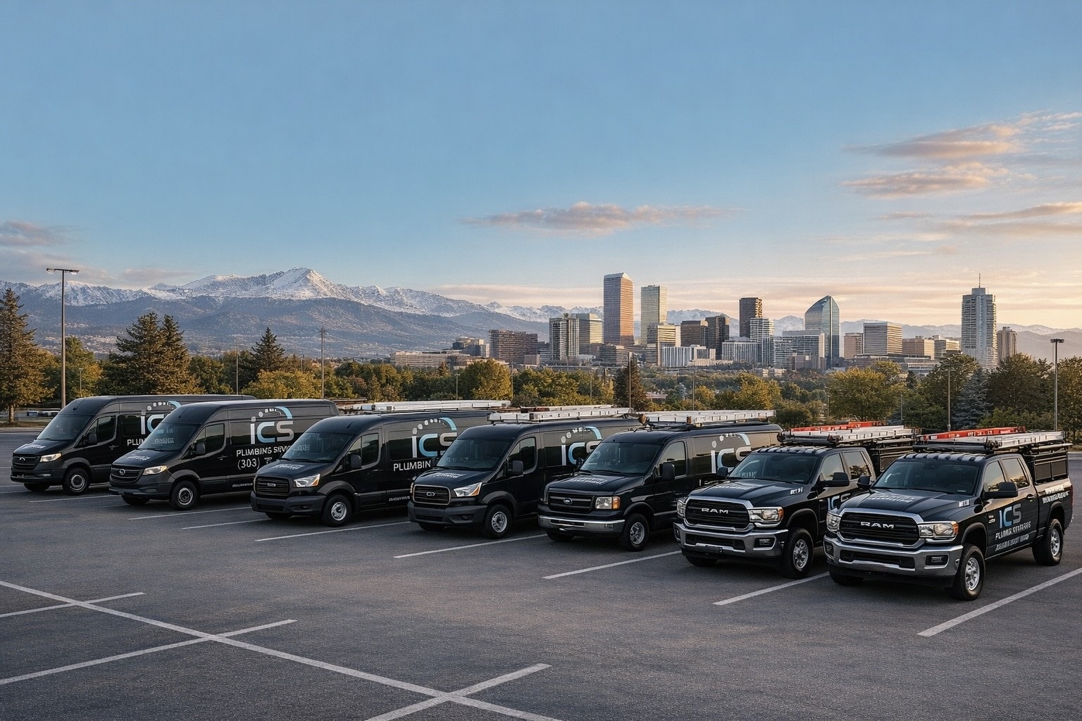 ICS branded service fleet lined up with the Denver skyline and Rocky Mountains in the background